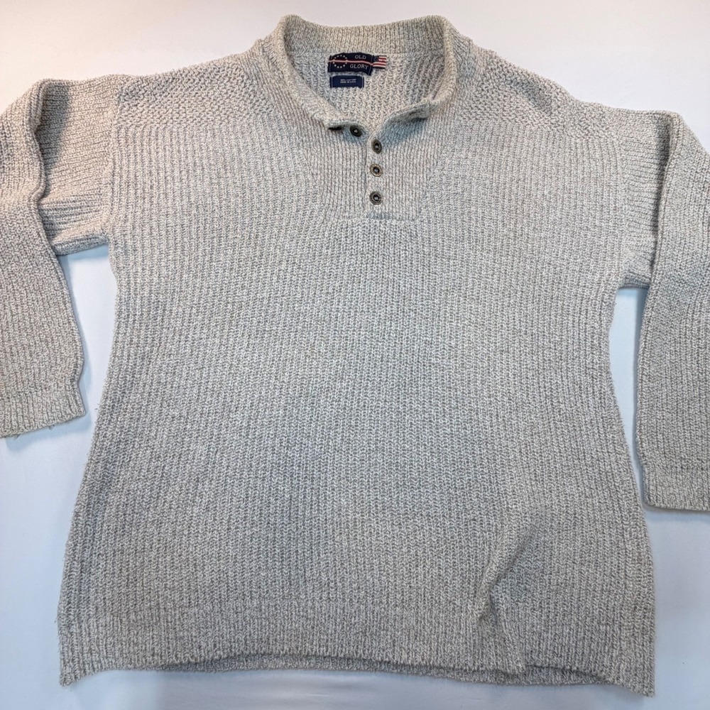 Vintage Old Glory Sweater Mens XL USA Made Cotton Chunky Knit Henley Oatmeal